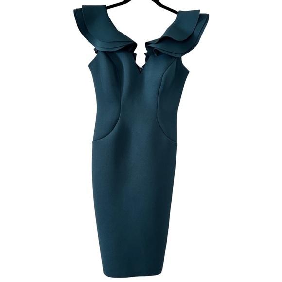 Betsy and Adam Shoulder Ruffle Sheath Scuba Dress in Green size 4 - Picture 2 of 15